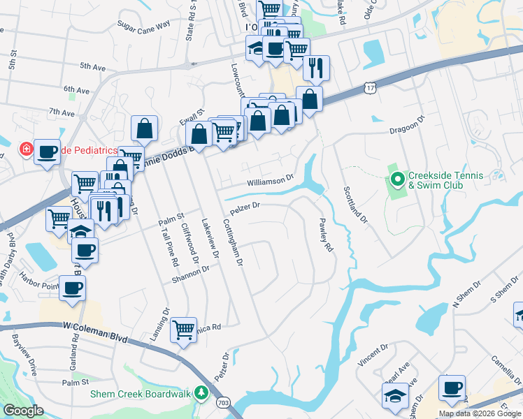 map of restaurants, bars, coffee shops, grocery stores, and more near 679 Pelzer Drive in Mount Pleasant