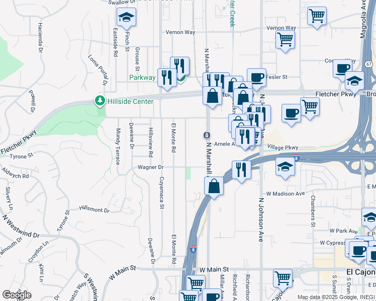 map of restaurants, bars, coffee shops, grocery stores, and more near 657 North Pierce Street in El Cajon