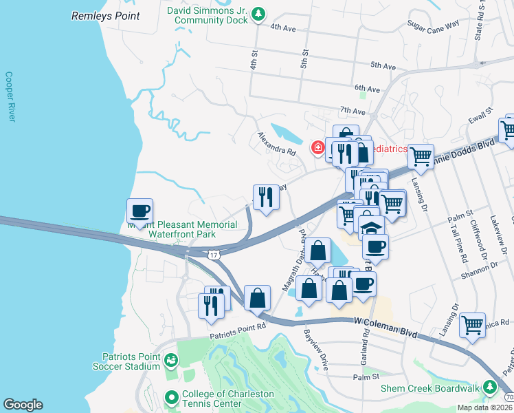 map of restaurants, bars, coffee shops, grocery stores, and more near 200 Wingo Way in Mount Pleasant