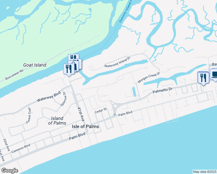 map of restaurants, bars, coffee shops, grocery stores, and more near 13 Yacht Harbor Court in Isle of Palms