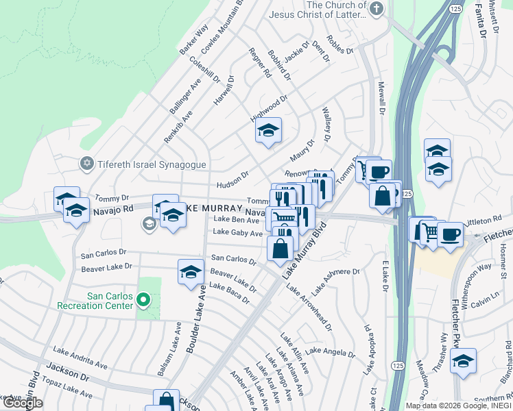 map of restaurants, bars, coffee shops, grocery stores, and more near 8459 Tommy Drive in San Diego