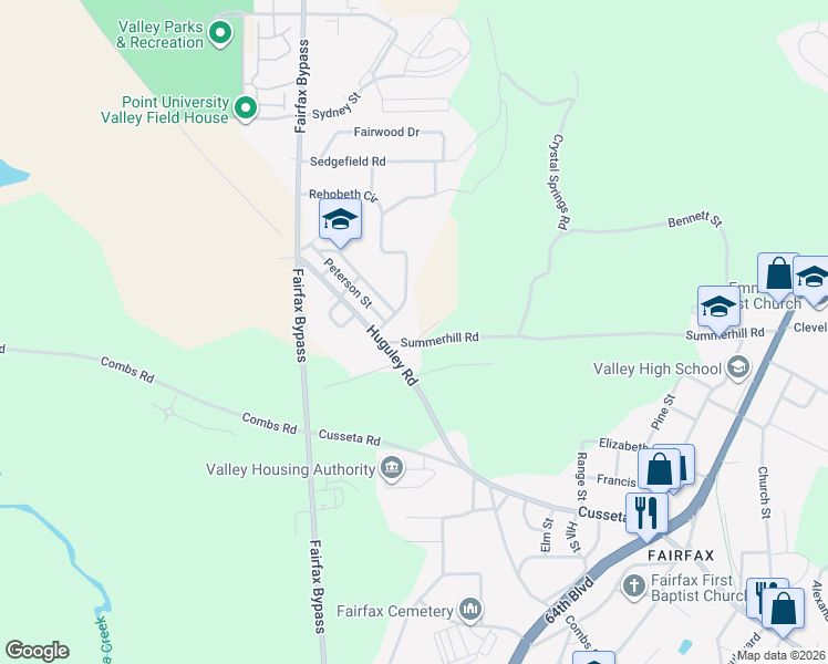 map of restaurants, bars, coffee shops, grocery stores, and more near 349 Summerhill Road in Valley