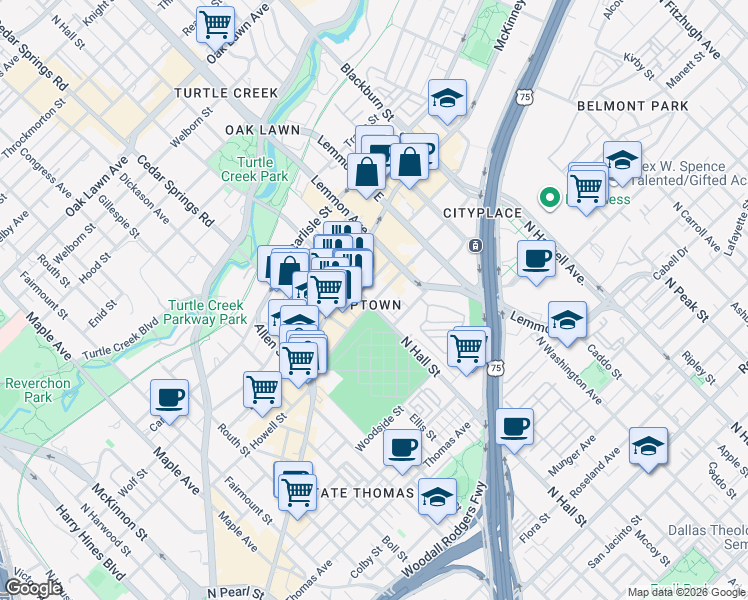 map of restaurants, bars, coffee shops, grocery stores, and more near in Dallas