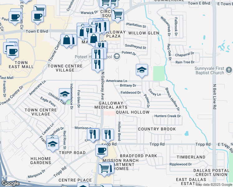 map of restaurants, bars, coffee shops, grocery stores, and more near 2827 Quail Hollow Drive in Mesquite