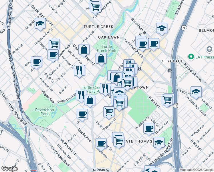 map of restaurants, bars, coffee shops, grocery stores, and more near 3003 Carlisle Street in Dallas