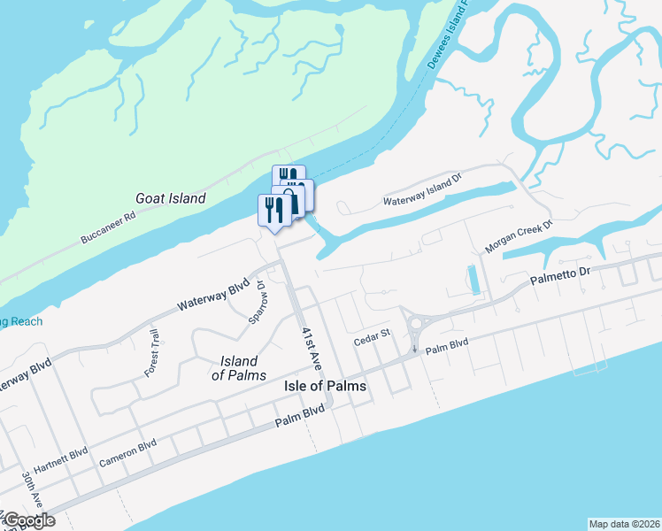 map of restaurants, bars, coffee shops, grocery stores, and more near 34 Morgan's Cove Drive in Isle of Palms