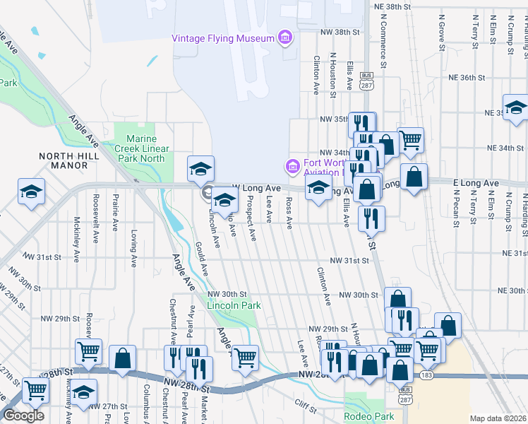 map of restaurants, bars, coffee shops, grocery stores, and more near 3207 Lee Avenue in Fort Worth