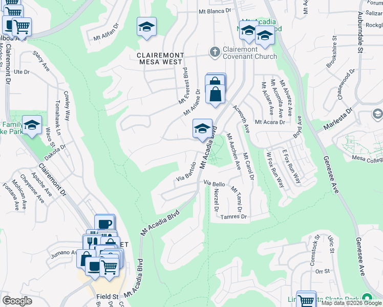 map of restaurants, bars, coffee shops, grocery stores, and more near 5463 Via Carancho in San Diego