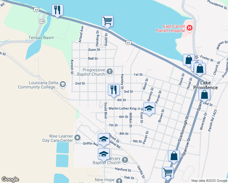 map of restaurants, bars, coffee shops, grocery stores, and more near 1300 3rd Street in Lake Providence