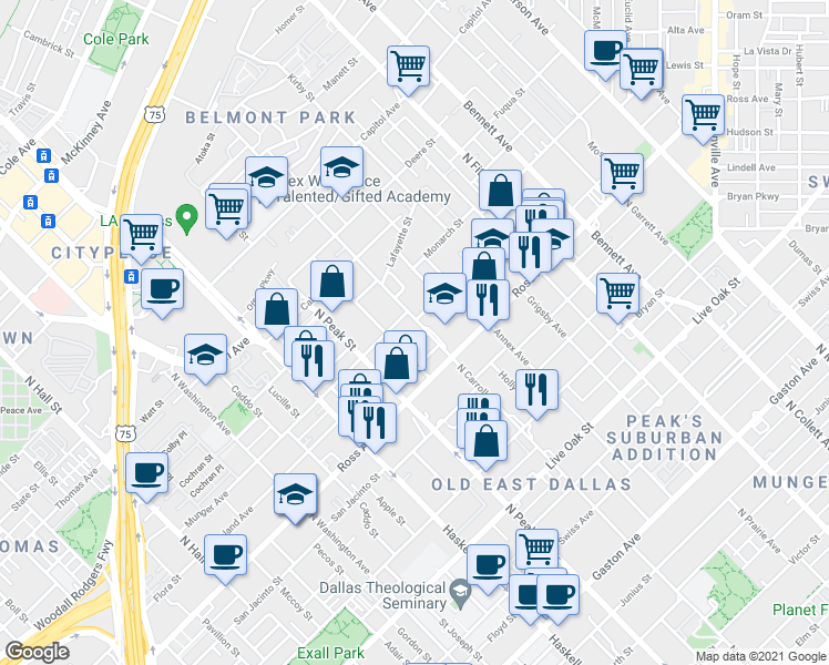map of restaurants, bars, coffee shops, grocery stores, and more near 4415 Roseland Avenue in Dallas