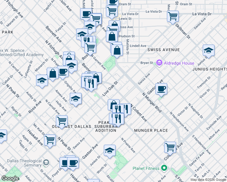 map of restaurants, bars, coffee shops, grocery stores, and more near 4936 Live Oak Street in Dallas