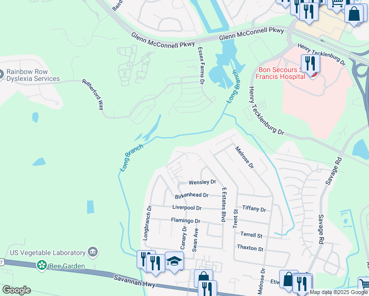 map of restaurants, bars, coffee shops, grocery stores, and more near 944 East Estates Boulevard in Charleston