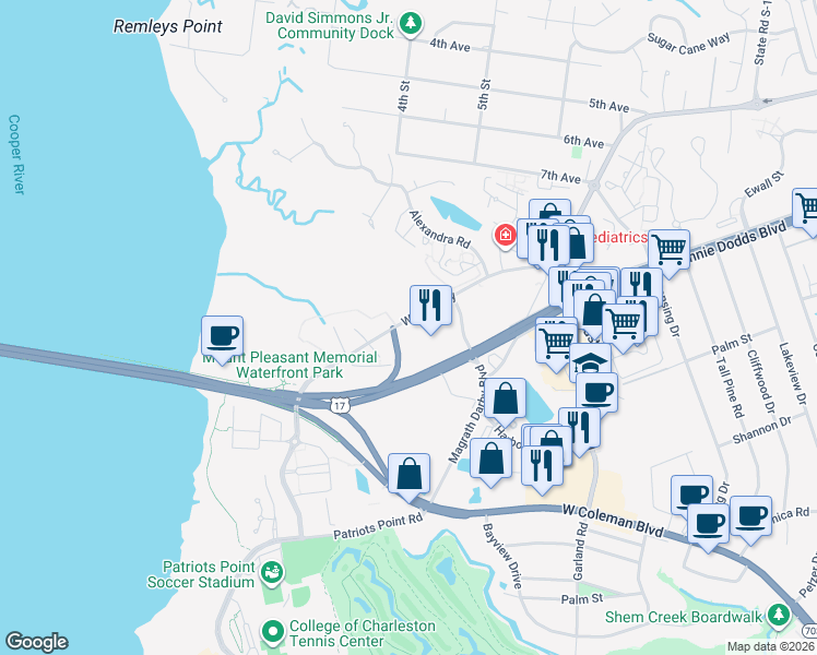 map of restaurants, bars, coffee shops, grocery stores, and more near 200 Wingo Way in Mount Pleasant