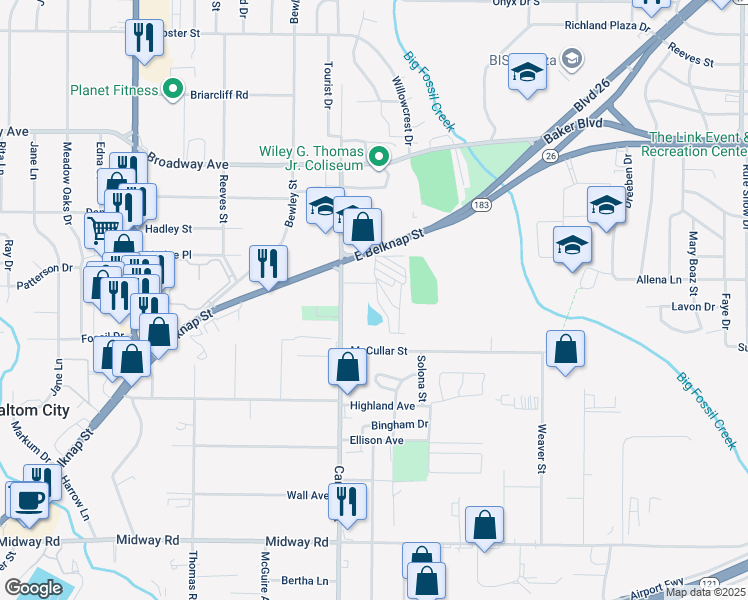 map of restaurants, bars, coffee shops, grocery stores, and more near 2905 Lake Drive in Haltom City
