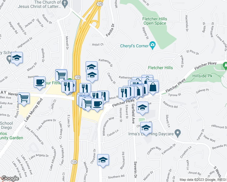 map of restaurants, bars, coffee shops, grocery stores, and more near 757 Carlow Way in El Cajon