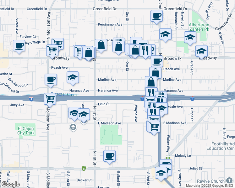 map of restaurants, bars, coffee shops, grocery stores, and more near 1165 Naranca Avenue in El Cajon
