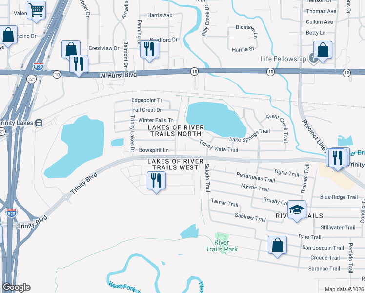 map of restaurants, bars, coffee shops, grocery stores, and more near 3005 Bowspirit Circle in Hurst