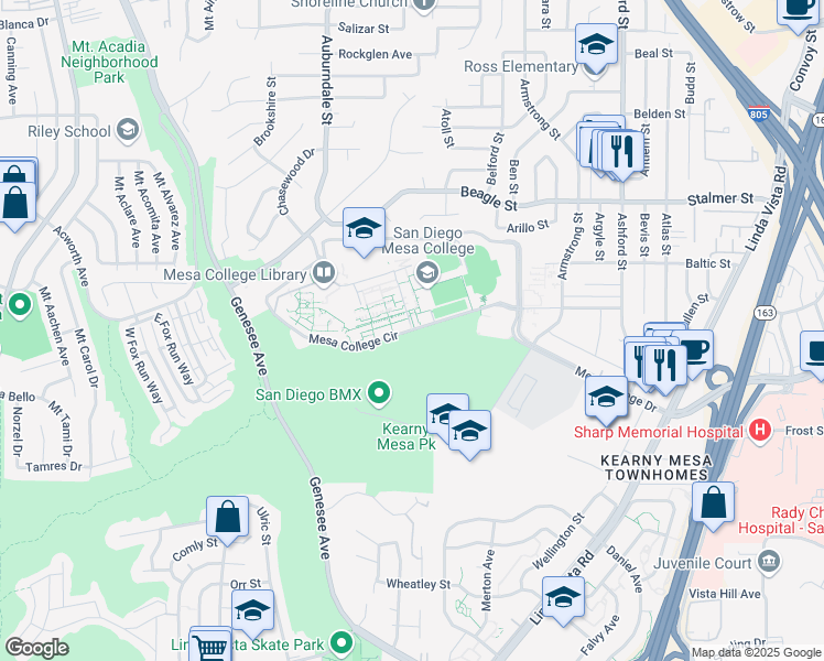 map of restaurants, bars, coffee shops, grocery stores, and more near Mesa College Circle in San Diego