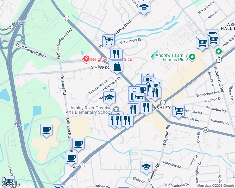 map of restaurants, bars, coffee shops, grocery stores, and more near 1871 Ashley River Road in Charleston