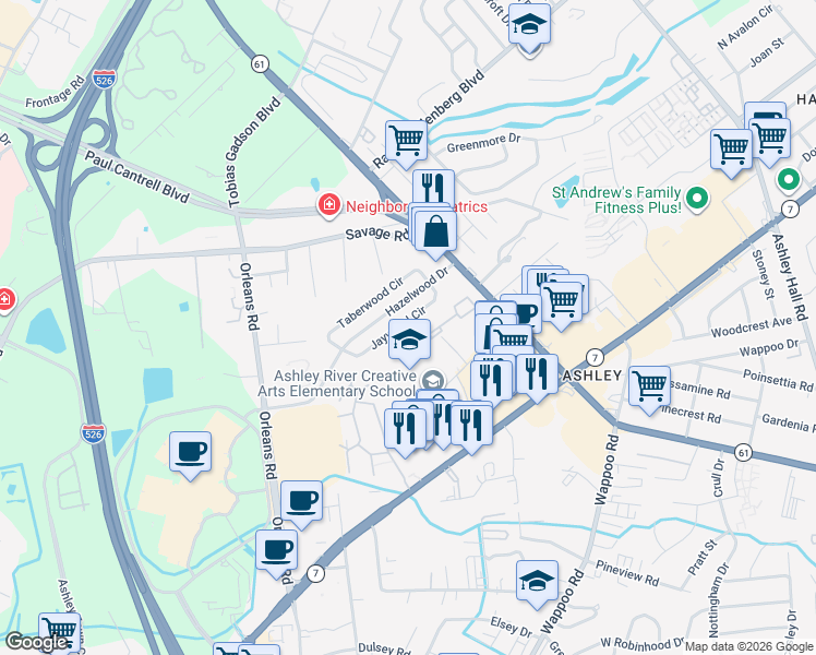 map of restaurants, bars, coffee shops, grocery stores, and more near 1849 Jaywood Circle in Charleston