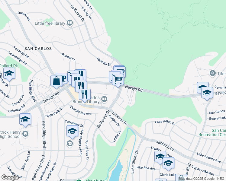 map of restaurants, bars, coffee shops, grocery stores, and more near 7255 Navajo Road in San Diego