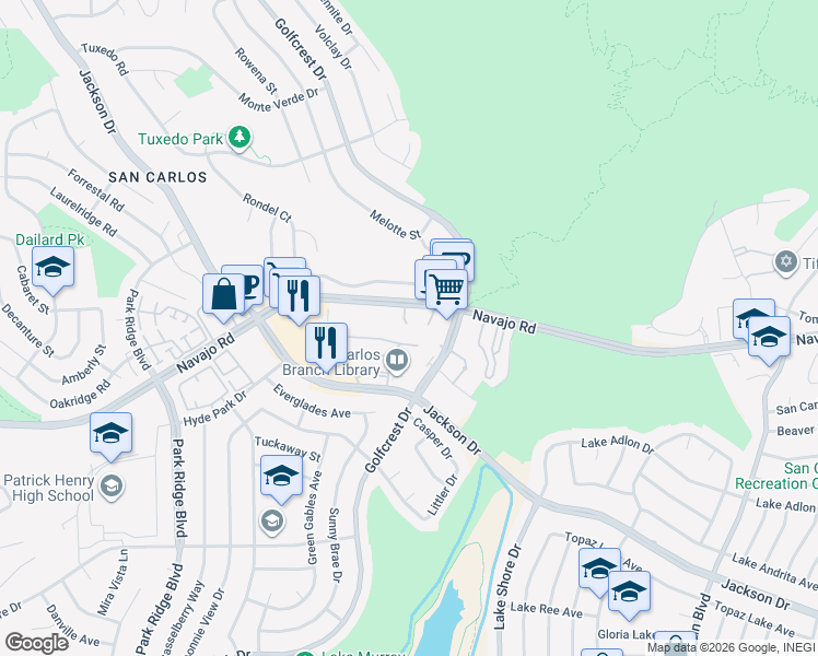 map of restaurants, bars, coffee shops, grocery stores, and more near 7245 Navajo Road in San Diego