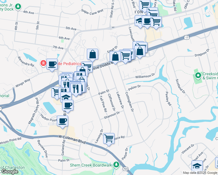 map of restaurants, bars, coffee shops, grocery stores, and more near 945 Cliffwood Drive in Mount Pleasant