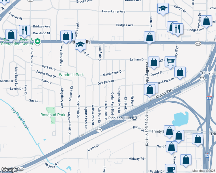 map of restaurants, bars, coffee shops, grocery stores, and more near 2906 Birch Park Drive in Richland Hills
