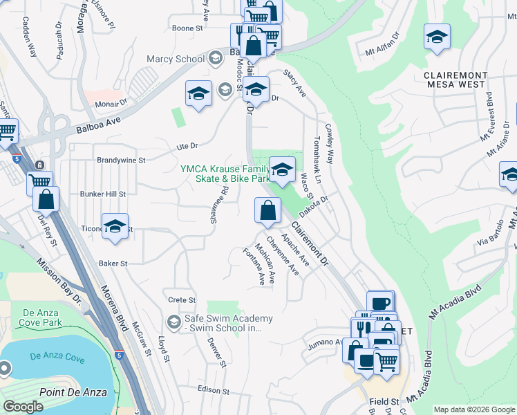 map of restaurants, bars, coffee shops, grocery stores, and more near 4701 Misty Place in San Diego