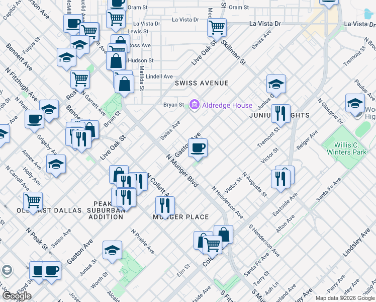 map of restaurants, bars, coffee shops, grocery stores, and more near 5310 Gaston Avenue in Dallas