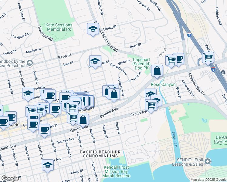 map of restaurants, bars, coffee shops, grocery stores, and more near 2228 Felspar Street in San Diego