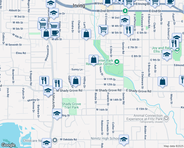 map of restaurants, bars, coffee shops, grocery stores, and more near 525 La Reunion Court in Irving