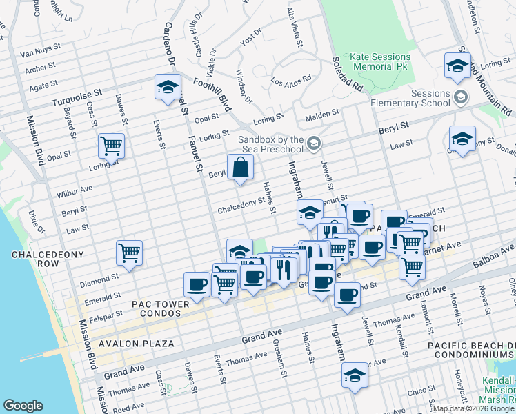 map of restaurants, bars, coffee shops, grocery stores, and more near 1463 Chalcedony Street in San Diego