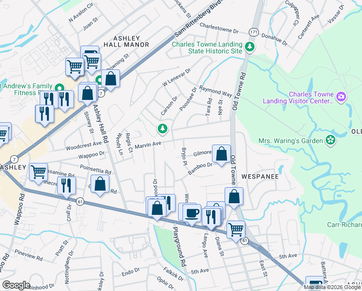 map of restaurants, bars, coffee shops, grocery stores, and more near 1345 Bryjo Place in Charleston