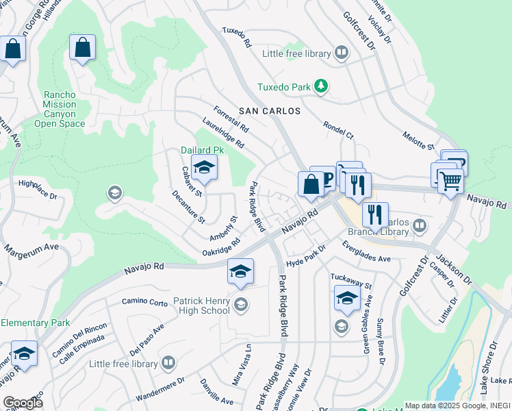 map of restaurants, bars, coffee shops, grocery stores, and more near 7428 Park Ridge Boulevard in San Diego