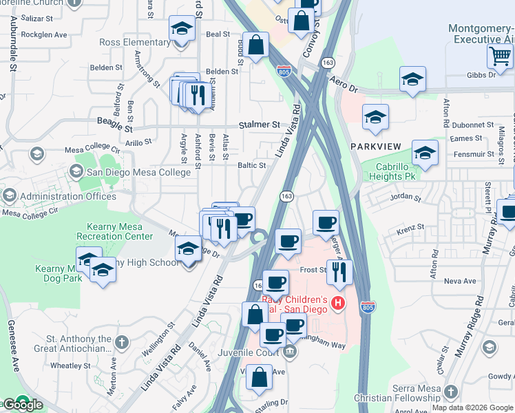 map of restaurants, bars, coffee shops, grocery stores, and more near 13 Linda Vista Road in San Diego