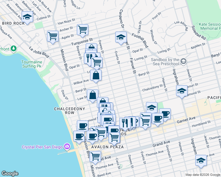 map of restaurants, bars, coffee shops, grocery stores, and more near 4864 Dawes Street in San Diego