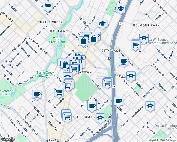 map of restaurants, bars, coffee shops, grocery stores, and more near 3330 Oak Grove Avenue in Dallas
