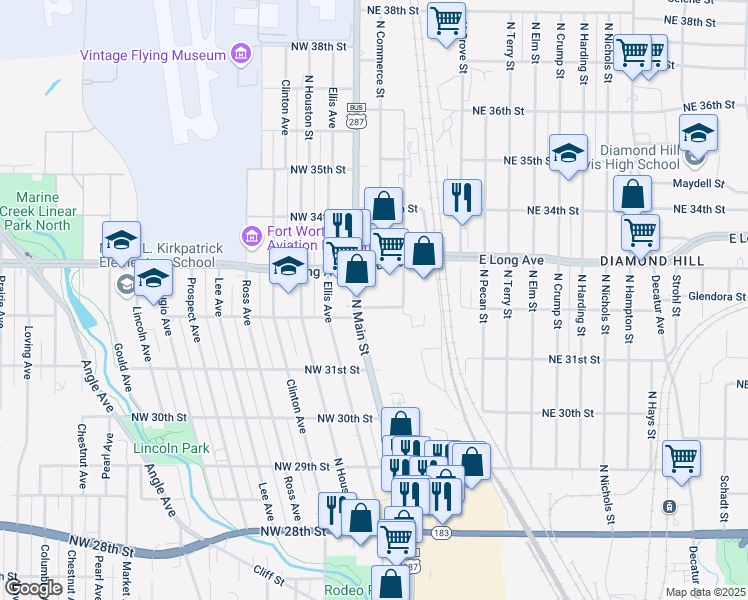 map of restaurants, bars, coffee shops, grocery stores, and more near 399 Northeast 32nd Street in Fort Worth