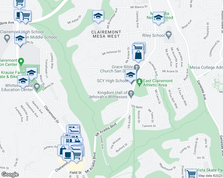 map of restaurants, bars, coffee shops, grocery stores, and more near 5402 Via Carancho in San Diego