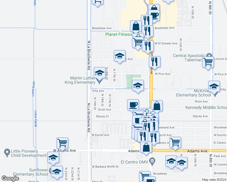 map of restaurants, bars, coffee shops, grocery stores, and more near 1689 Villa Avenue in El Centro