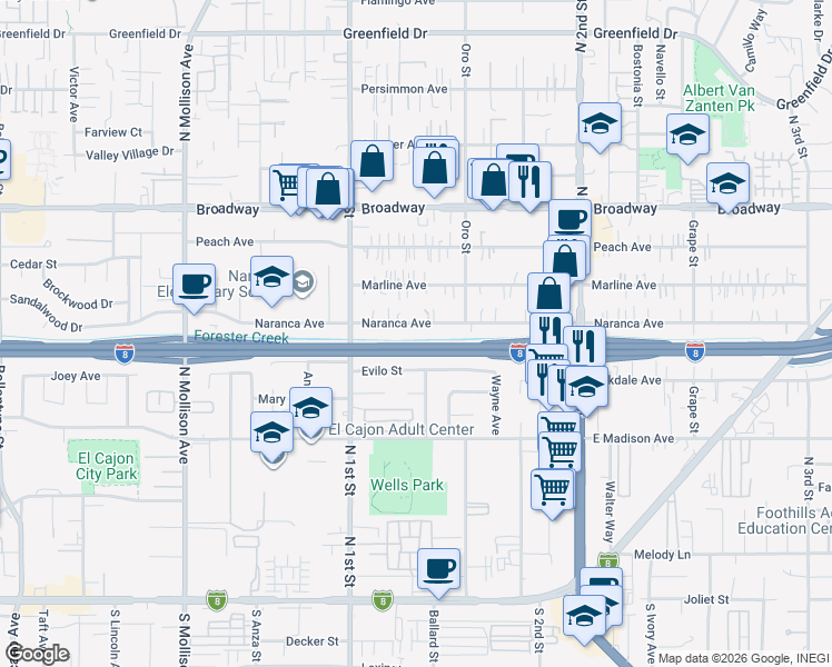 map of restaurants, bars, coffee shops, grocery stores, and more near 1165 Naranca Avenue in El Cajon