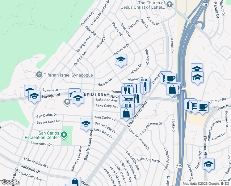 map of restaurants, bars, coffee shops, grocery stores, and more near 8437 Tommy Drive in San Diego