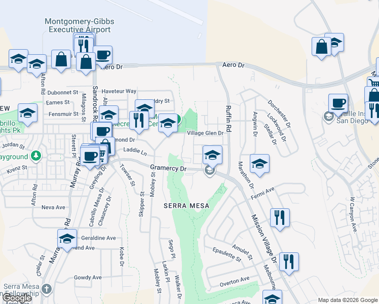 map of restaurants, bars, coffee shops, grocery stores, and more near 9072 Gramercy Drive in San Diego