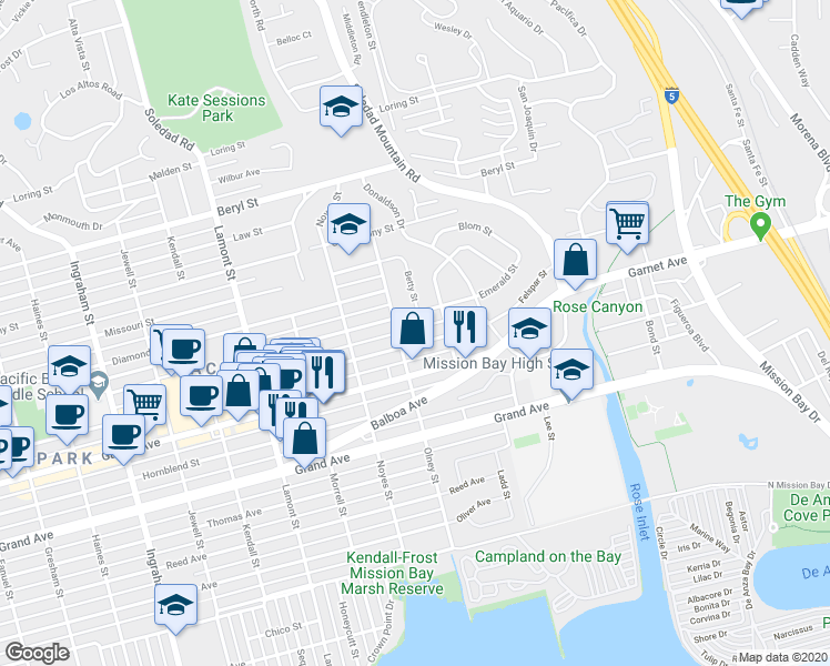 map of restaurants, bars, coffee shops, grocery stores, and more near 2228 Felspar Street in San Diego