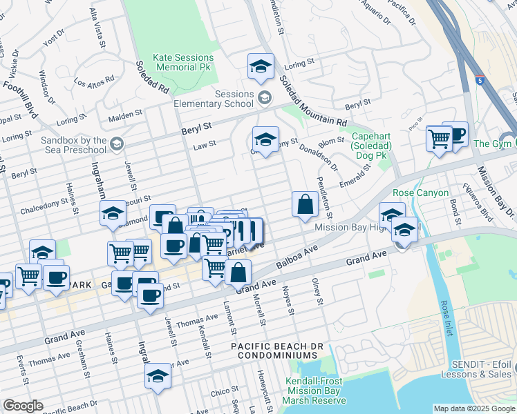 map of restaurants, bars, coffee shops, grocery stores, and more near 2077 Emerald Street in San Diego