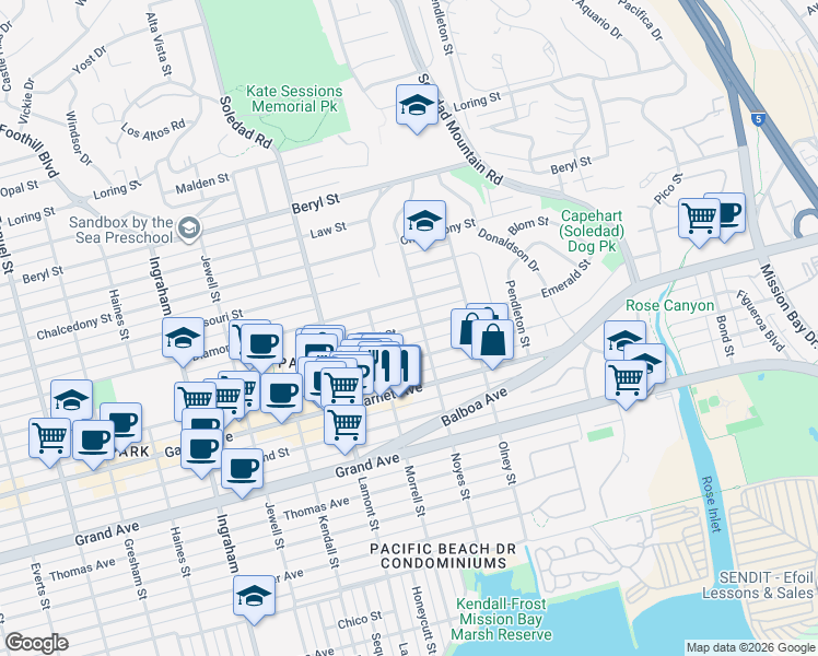 map of restaurants, bars, coffee shops, grocery stores, and more near 2077 Emerald Street in San Diego