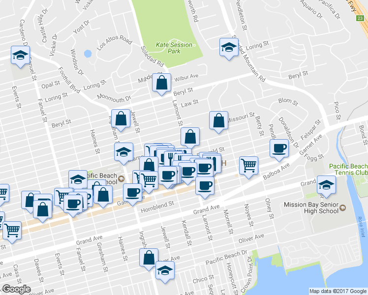 map of restaurants, bars, coffee shops, grocery stores, and more near in San Diego