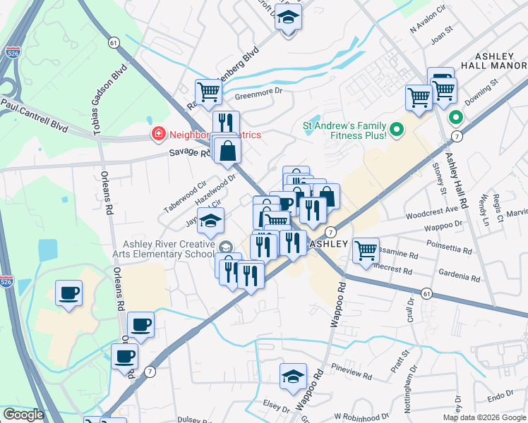 map of restaurants, bars, coffee shops, grocery stores, and more near 1812 Wallace School Road in Charleston
