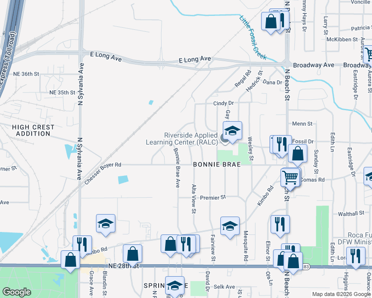 map of restaurants, bars, coffee shops, grocery stores, and more near 3217 Alta View Street in Fort Worth